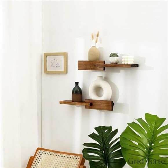 Set of 2 wood floating wall shelves walnut modern reversible shelf home decor - Picture 2 of 8
